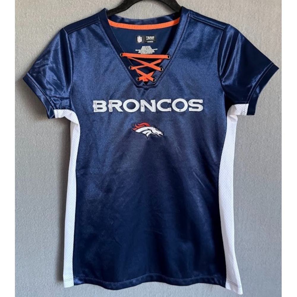 NFL Denver Broncos Jersey Shirt‎ Womens Small Rhinestone Front Tie Short Sleeve